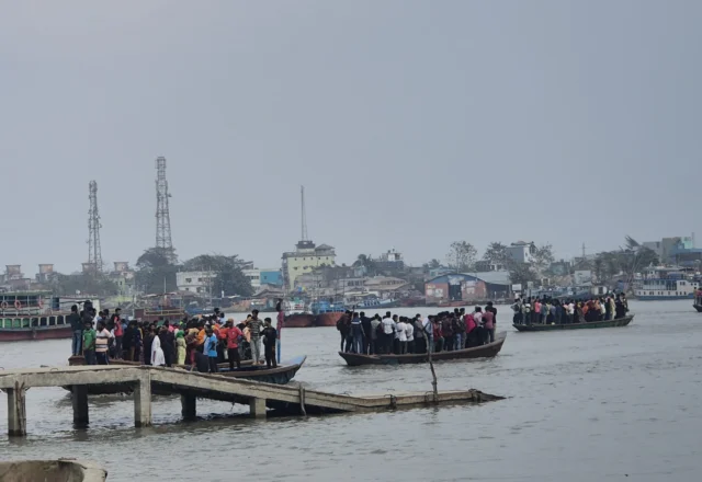 Overloaded boats at a boat station in the Sundarbans