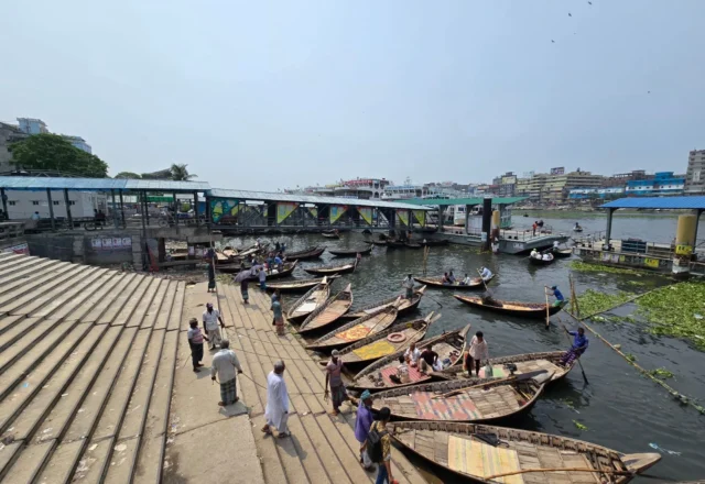 Boats are waiting for passengers at the Buriganga River port in Dhaka