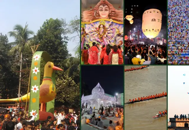 Collage of festivals in Bangladesh: the Pohela Boishakh procession, Durga Puja, Prabarana sky lanterns, Eid prayers, the Lalon Mela at night, a Nouka Baich boat race and Shakrain kites