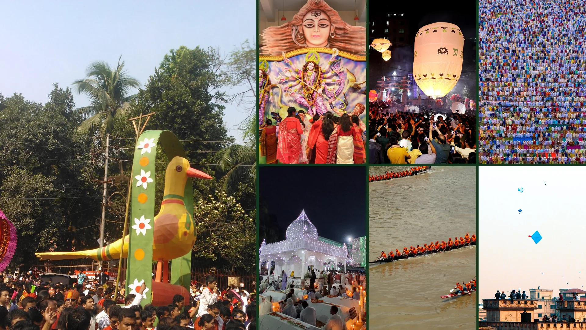 Collage of festivals in Bangladesh: the Pohela Boishakh procession, Durga Puja, Prabarana sky lanterns, Eid prayers, the Lalon Mela at night, a Nouka Baich boat race and Shakrain kites