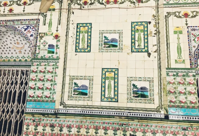 Historic Japanese tiles inside the Star Mosque in Dhaka