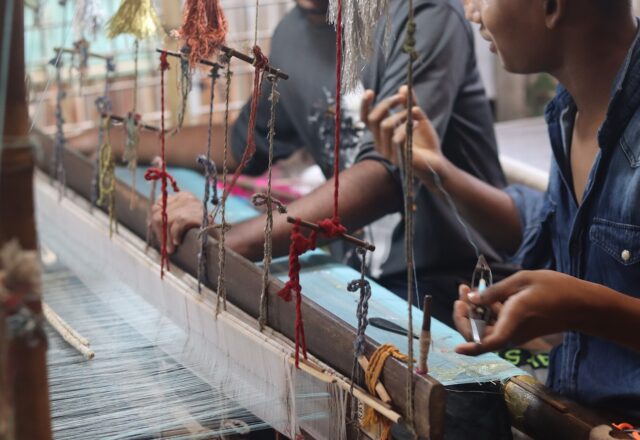 Weaver making a Jamdani sari on a handloom at the Jamdani village, Narayanganj