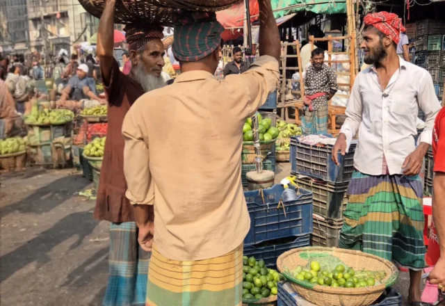 Labourers are busy in carrying vegetables with bamboo made baskets on top of their head