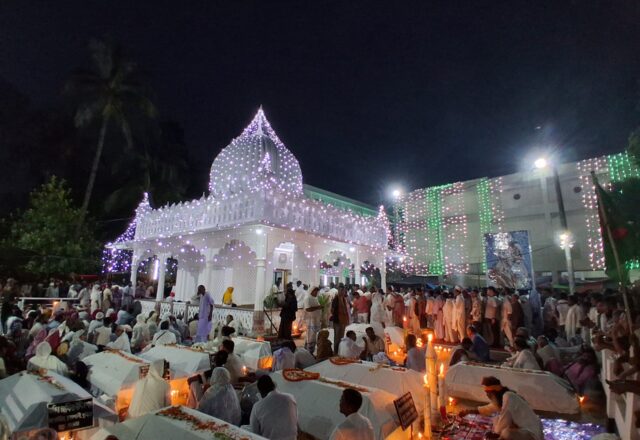 Lalon Shah's shrine in Cheuriya, Kushtia, lit up at night during the Lalon Mela