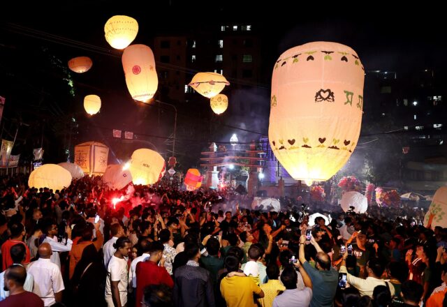 Lanterns raised in front of Nandankanan Buddhist Temple, Chittagong, at Probarona Purnima